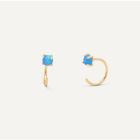 NEW ANTHROPOLOGIE JaxKelly Blue Fire Opal 18kt Tiny Stone Gemstone Hoop Earring - Picture 7 of 8